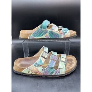 Birkenstock Papillio Feather-Print Two-Strap Sandals in Teal and Purple